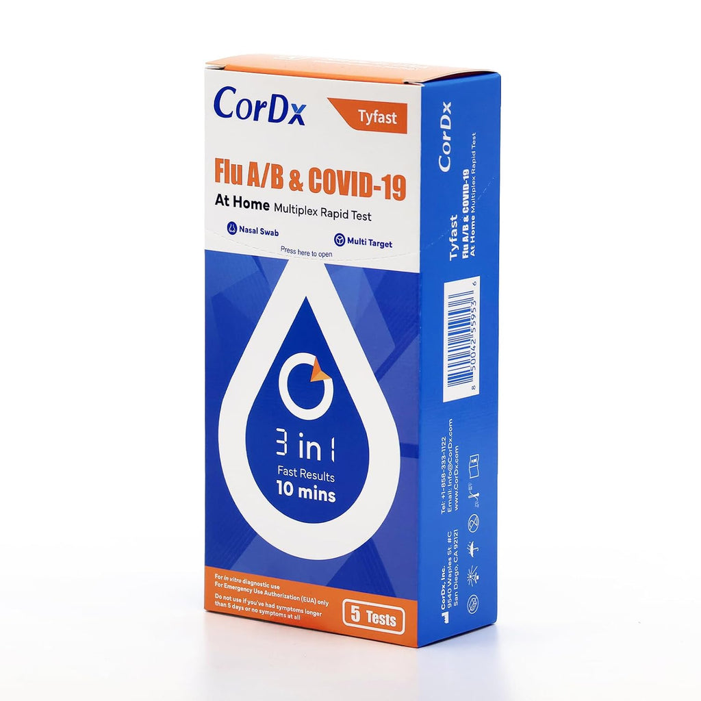CorDx Flu A/B & COVID-19, At Home 3-in-1 Rapid Test Kit, 5 Tests