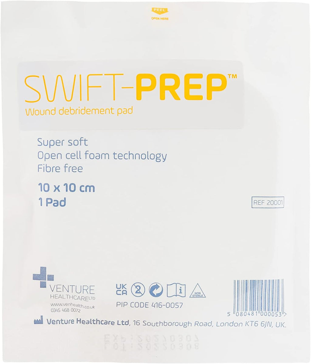 Swift-Prep Wound Debridement Pad - 10cm x 10cm - Pack of 5 - Super Soft - Fibre Free - Highly Absorbent - Non-Adhesive - Foam Dressing