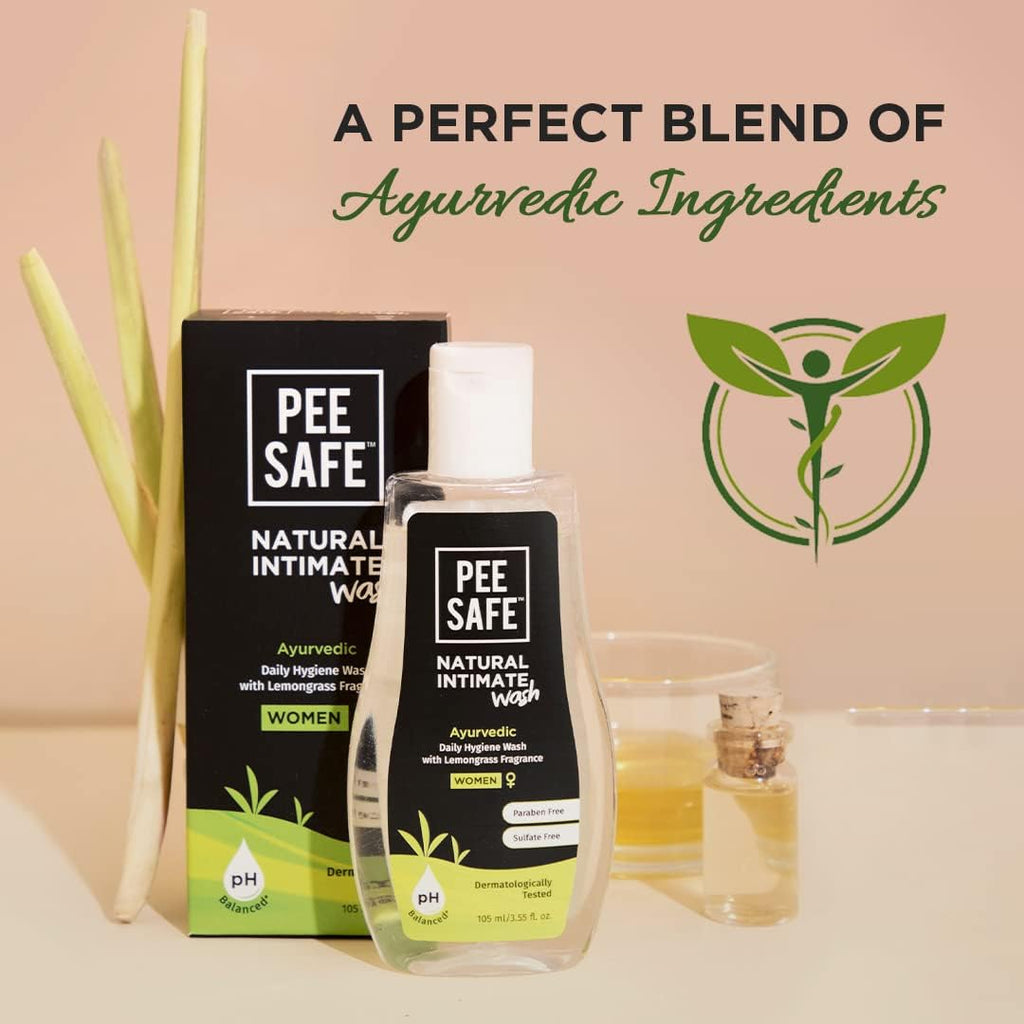 Pee Safe Intimate Wash For Women 105ml Natural Ayurvedic with Lemongrass Fragrance and 100% Alcohol-Free | pH Balanced | Paraben-Free | Sulfate-Free