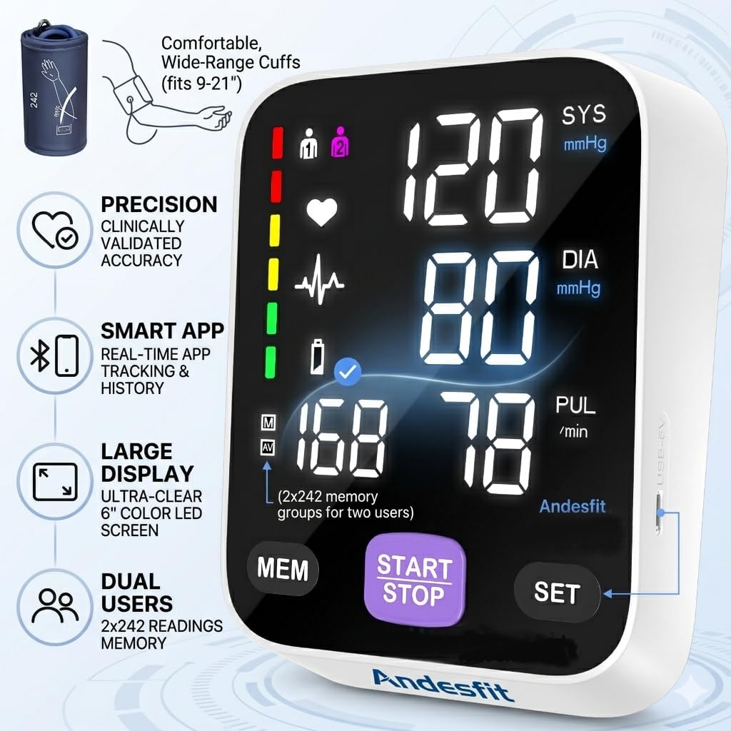 Upper Arm Blood Pressure Monitor for Home Use 17" Large & 21" XL Extra Large Cuff Big arm, Free APP Bluetooth Sync Apple Health Track Google Fit, Large Display Smart BP Machine for Seniors