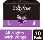 Stayfree All Nights Pads With Wings 10 Pack|Faster Absorption | Neutralises Odour|Cottony-Soft Quilted Cover| Keeps Dry and Comfortable