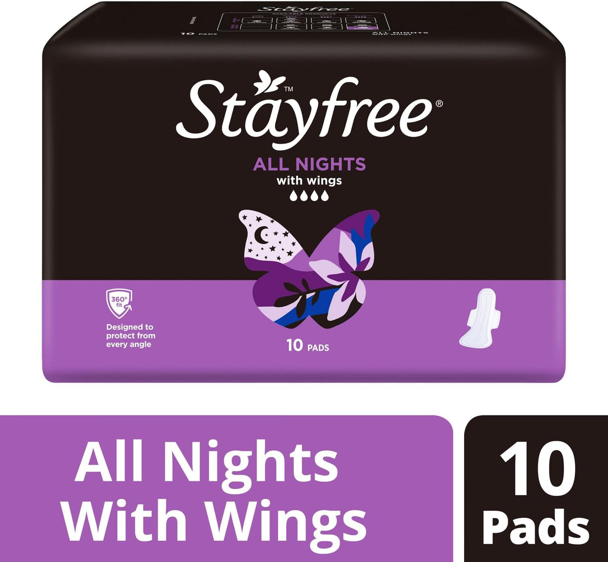 Stayfree All Nights Pads With Wings 10 Pack|Faster Absorption | Neutralises Odour|Cottony-Soft Quilted Cover| Keeps Dry and Comfortable