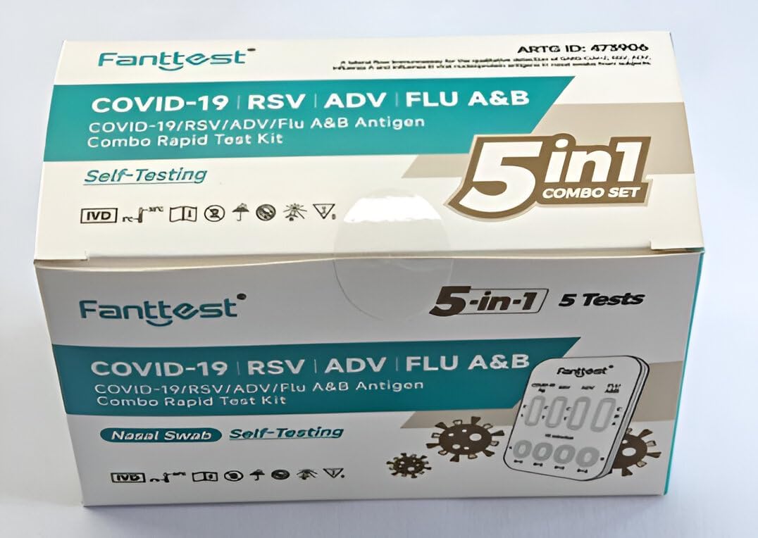 Fanttest 5-in-1 Combo RAT Test - ADV Virus - RSV - Influenza Flu A/B - COVID-19 Rapid Antigen Test Kit - Nasal Swab (5 pack)