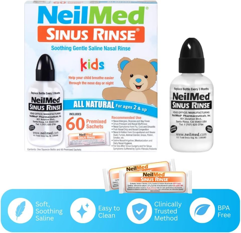 Neilmed's Sinus Rinse, Pediatric, Complete Saline Nasal Rinse Kit 60 Premixed Packets