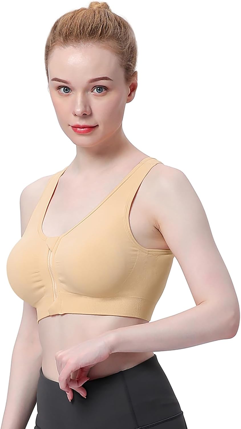 Women's Zip Front Sports Bra Wireless Post-Surgery Bra Active Yoga Sports Bras