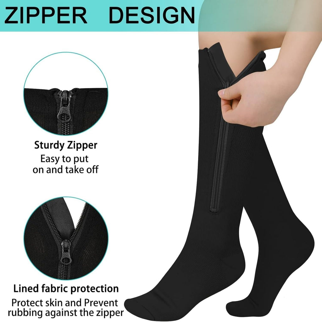 Athbavib 2 Pairs Zipper Compression Socks, 15-20 mmHg Closed Toe Compression Stocking with Zipper for Women and Men
