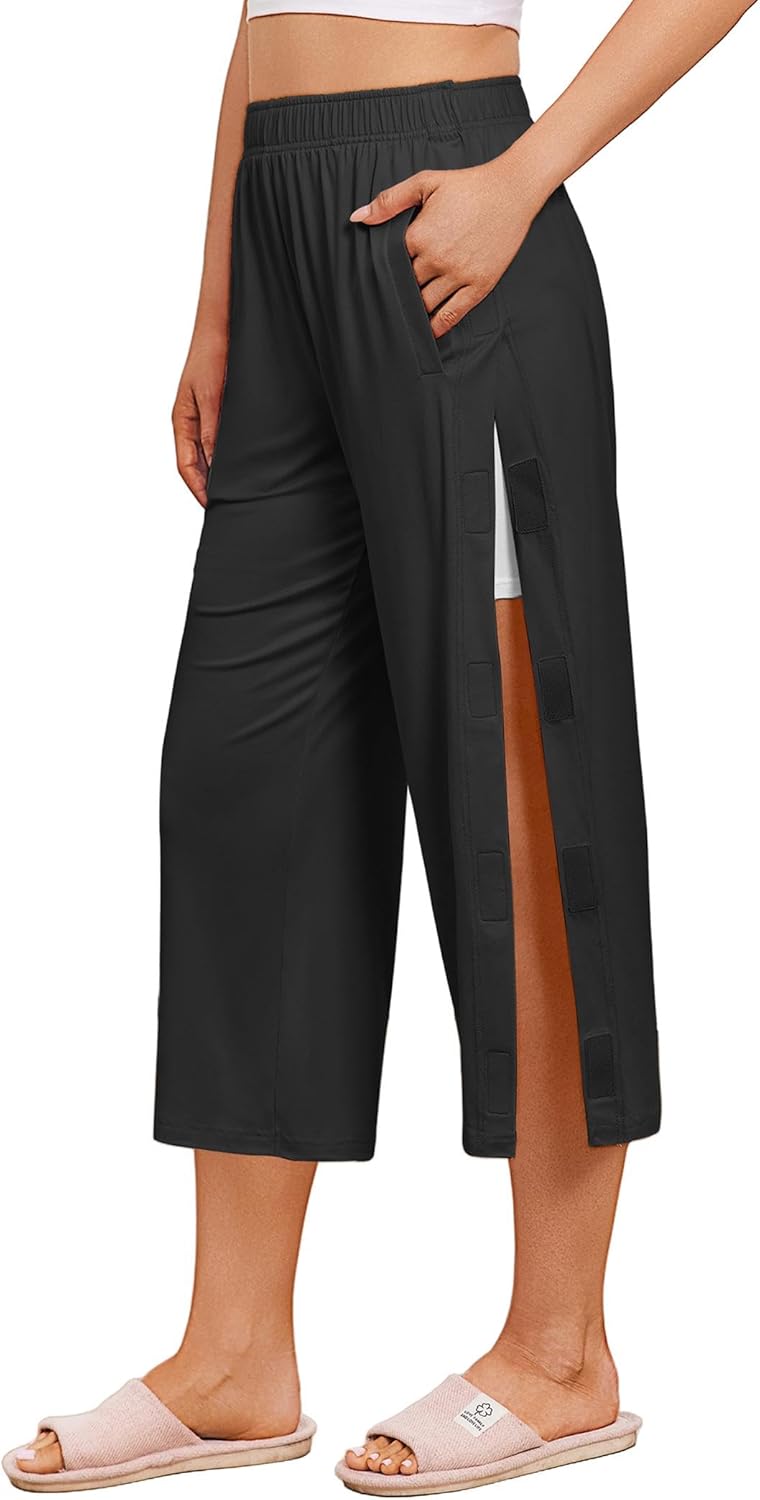 Deyeek Women's Tear Away Breakaway Capri Pants Post Surgery Recovery Hip Knee Ankle Replacement Adaptive Magic Tape Wide Leg