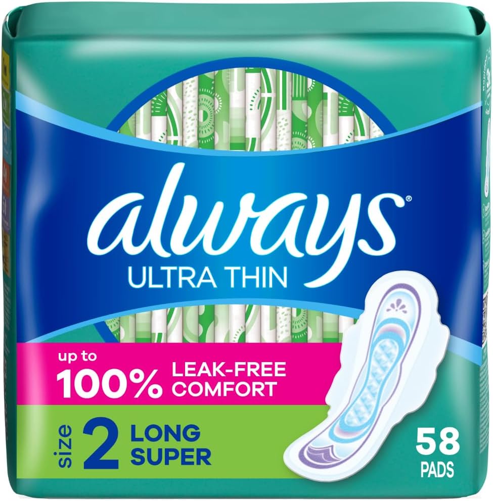 Always Ultra Thin Pads with Wings, Size 2, Long Super, 58 Count