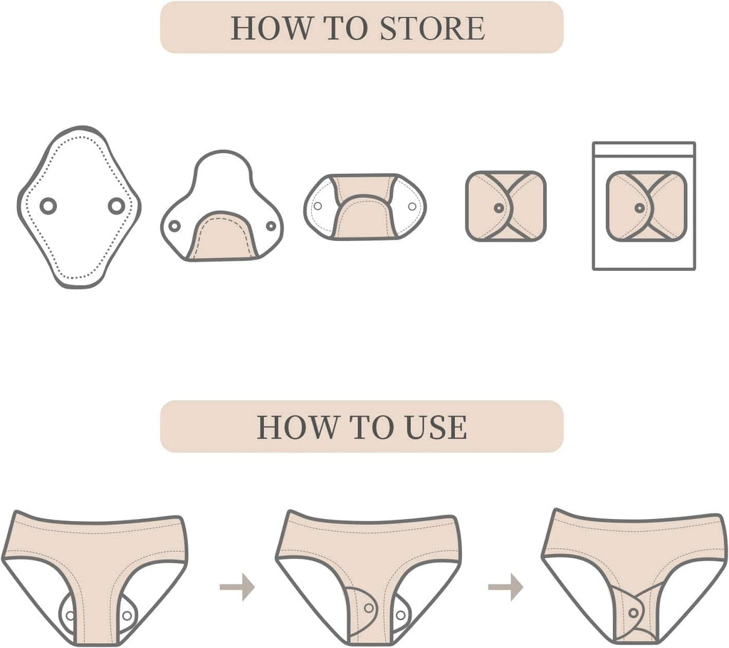 MQUPIN Reusable Sanitary Towels, 5pcs Washable Cloth Pads Sanitary Towel Organic Cotton, Sanitary Pads Cotton Period Pads Pantiprotectores Design Anti-Leak Women