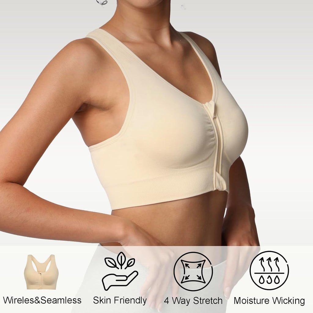 Lemef Zip Front Sports Bras, Post Surgery Compression Wirefree Racerback Bras for Women