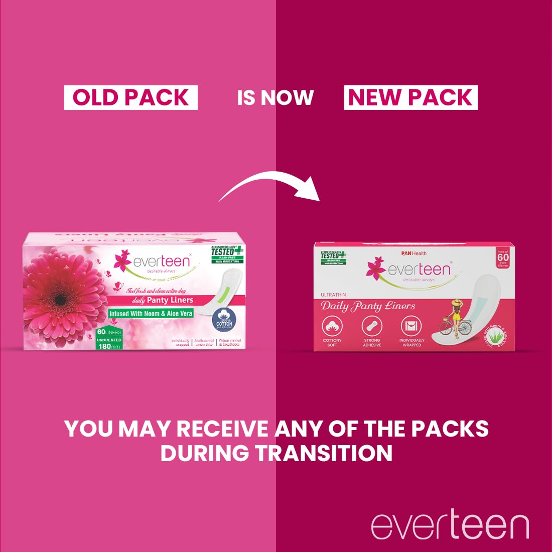 everteen Panty Liners for Women, 60 Liners 185mm with Aloe Vera & Neem, Less than 1mm Ultra thin Cottony Soft Pantyliners, Prevents White Discharge & Rashes, Comfort on Non Period Days