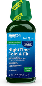 Amazon Basic Care Nighttime Cold and Flu Medicine, Maximum Strength, Original Flavor Liquid, Multi-Symptom Relief for Cough, Sore Throat, Fever, 12 fl oz (1-Pack)