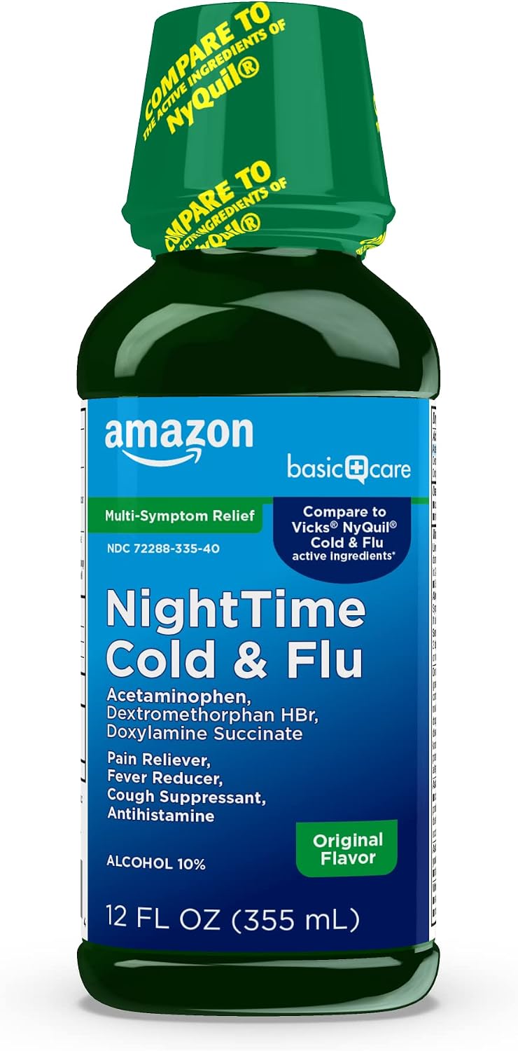 Amazon Basic Care Nighttime Cold and Flu Medicine, Maximum Strength, Original Flavor Liquid, Multi-Symptom Relief for Cough, Sore Throat, Fever, 12 fl oz (1-Pack)