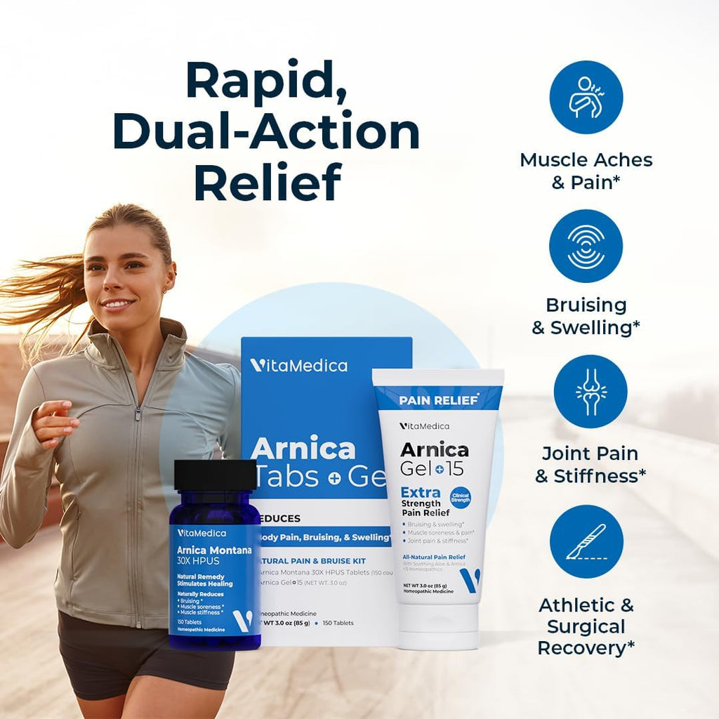 VitaMedica Arnica Tablets & Gel Bundle - 150 Tablets + 3 oz Gel | Support for Bruising, Swelling & Soreness, Rapid-Dissolve 30X Tablets + Water-Based Topical Gel, Plant-Based