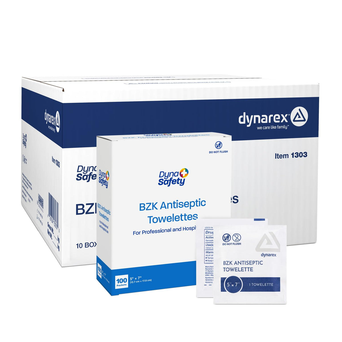 Dynarex DynaSafety BZK Antiseptic Towelettes - Sterile, Alcohol and Fragrance Free, Gentle Cleansing, Safe on Minor Wounds - 5" x 7" - Case of 10, 100 per Box