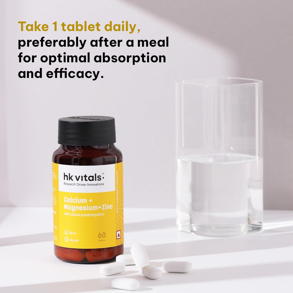hk vitals Calcium Magnesium & Zinc (60 Tablets) | With Vitamin D3, Calcium Supplement for Women and Men | For Bone Health & Joint Support
