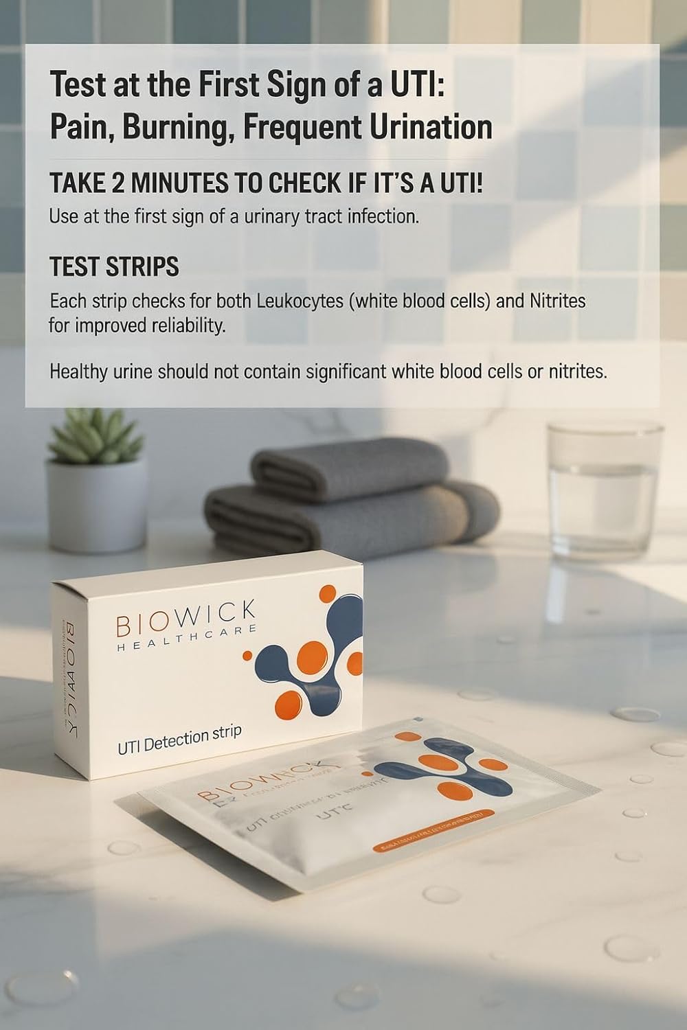 Biowick UTI Home Test Kit | 3 Urine Test Strips | Early UTI Detection at Home | Clinically Tested | Tests Leukocytes & Nitrites | Hygienic & Accurate | Self-Testing Kit | Ideal for Women & Seniors