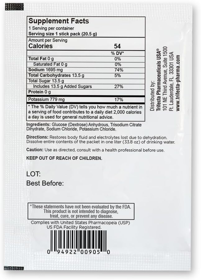 TRIORAL Electrolyte Powder Oral Rehydration Salts, 50 Drink Packets | Unflavored Formula, Single Serve Packets, Sodium and Potassium Blend, Travel Ready, Workout Hydration, Daily Drink Mix