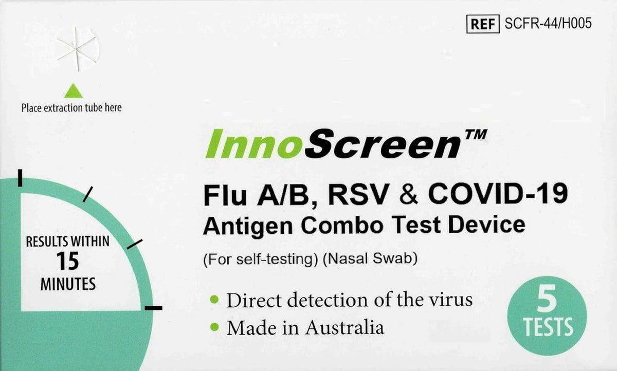 Flu A/B, RSV & COVID-19 - Made in Australia - Antigen Combo Test Device, Nasal Swab, Self-Test, 5 Tests