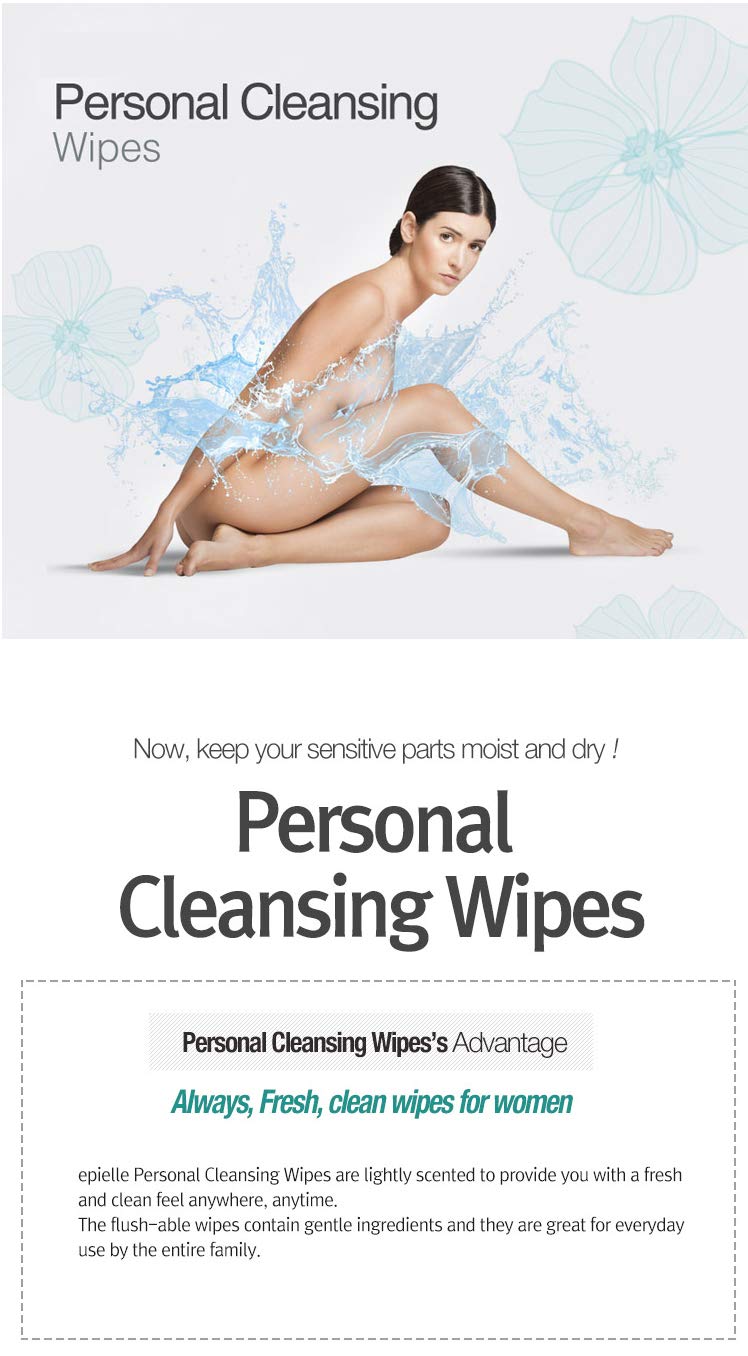 Epielle Personal Cleansing Wipes | Natural Ingredients | Flushable Wet Wipes | Travel Size, Daily Use | 2 Pack | Korean Skincare