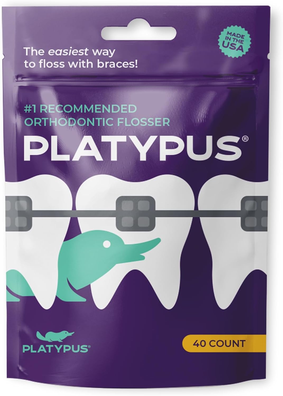 Platypus Orthodontic Flossers for Braces, 40 Count (Pack of 1) | Suitable for Adults & Kids; Fits Under Arch Wire, Non-Damaging & Encourages Flossing; Floss Teeth in Under Two Minutes