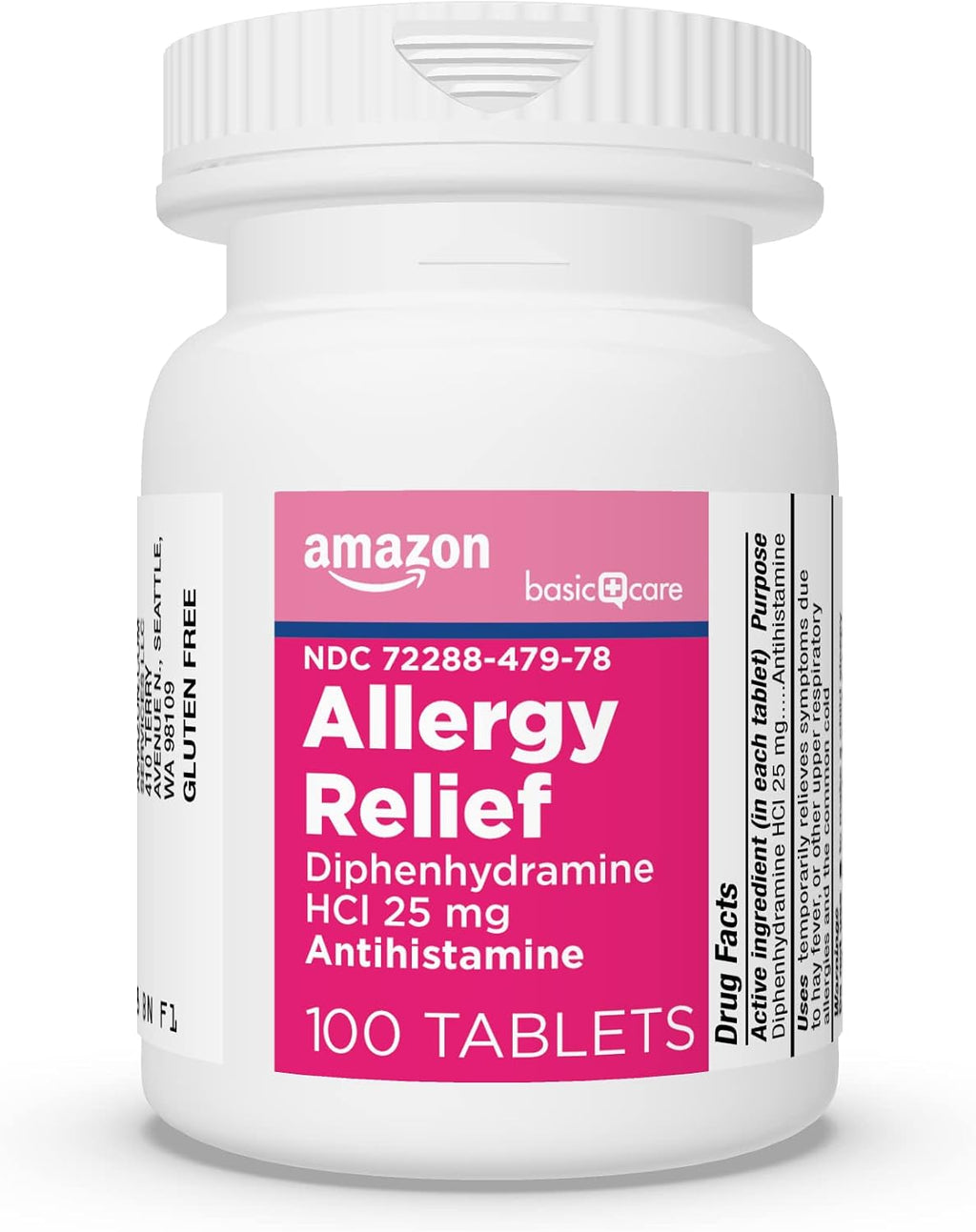 Amazon Basic Care Allergy Relief Diphenhydramine HCl 25 mg, Antihistamine Tablets for Symptoms Due to Hay Fever and Upper Respiratory Allergies, Mini-Tabs, 100 Count