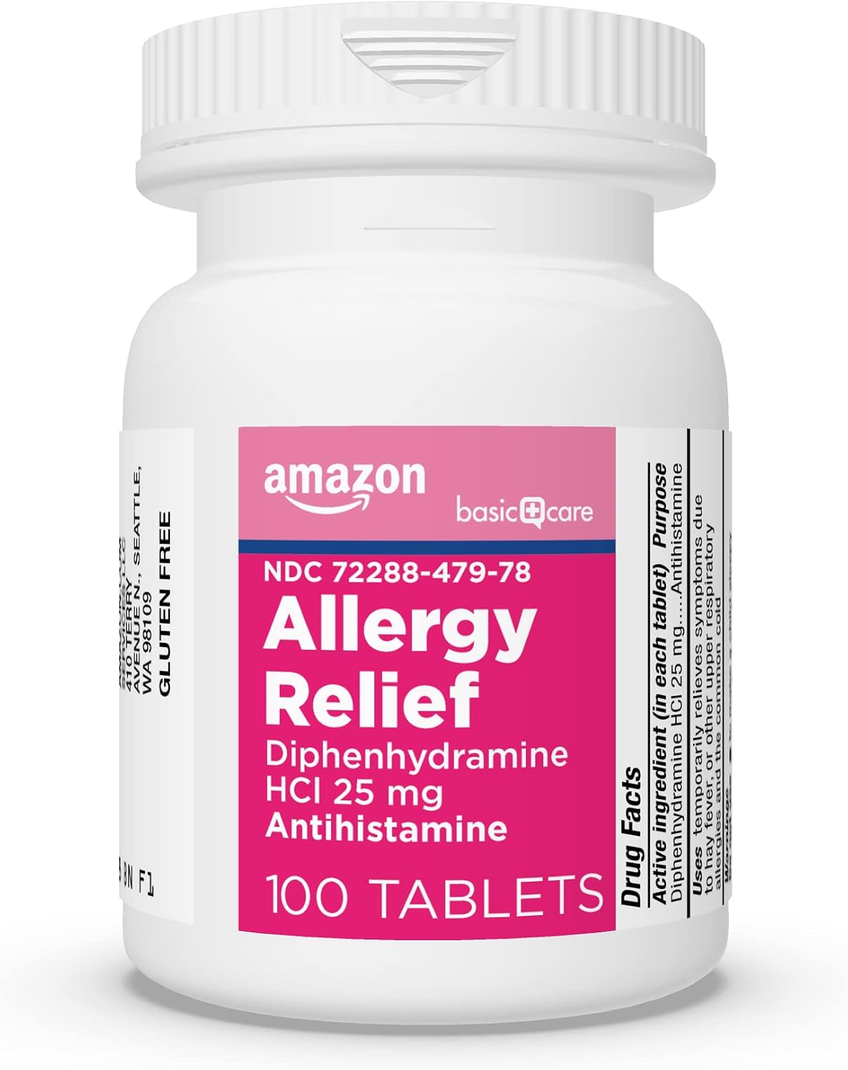 Amazon Basic Care Allergy Relief Diphenhydramine HCl 25 mg, Antihistamine Tablets for Symptoms Due to Hay Fever and Upper Respiratory Allergies, Mini-Tabs, 100 Count