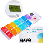 7 Day Medicine Pill Organizer, 4 Reminder Alarms, Loud Sound, 14 Large Compartments, Large Screen, Moisture-Proof, Travel Weekly/Daily Pill Box/Organizer/Case/Container/Dispenser, AM/PM 2 Times a Day