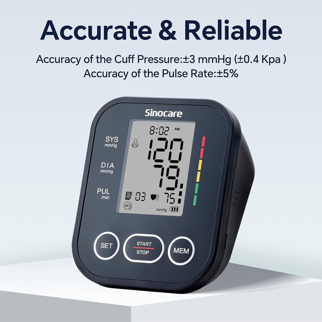 Sinocare Blood Pressure Monitor, Upper Arm Blood Pressure Monitors for Home Use, Adjustable Arm Cuff 8.6"-16.5", One-Button Operation, Dual User, Accurate & Practical (Black)