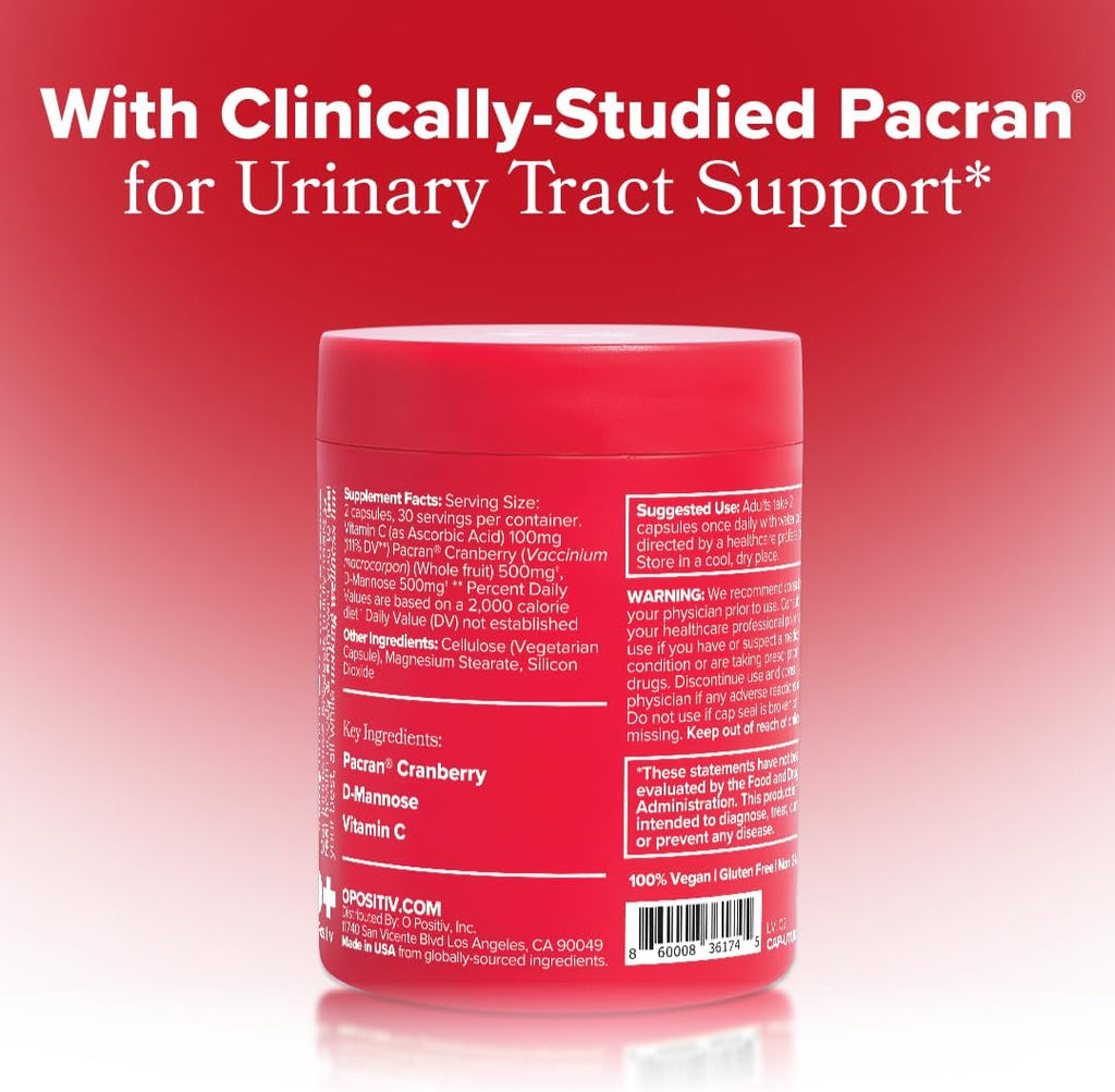 O Positiv URO Urinary Tract Health Supplement for Women, 60 Count (Pack of 1) - Urinary Support Vitamins with Pacran Complete Cranberry Extract, D-Mannose, & Vitamin C - Vegan & Gluten-Free