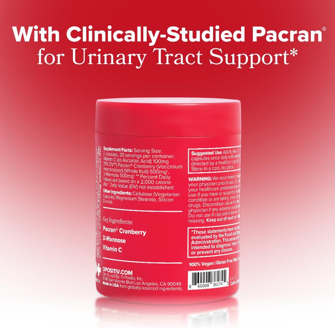 O Positiv URO Urinary Tract Health Supplement for Women, 60 Count (Pack of 1) - Urinary Support Vitamins with Pacran Complete Cranberry Extract, D-Mannose, & Vitamin C - Vegan & Gluten-Free