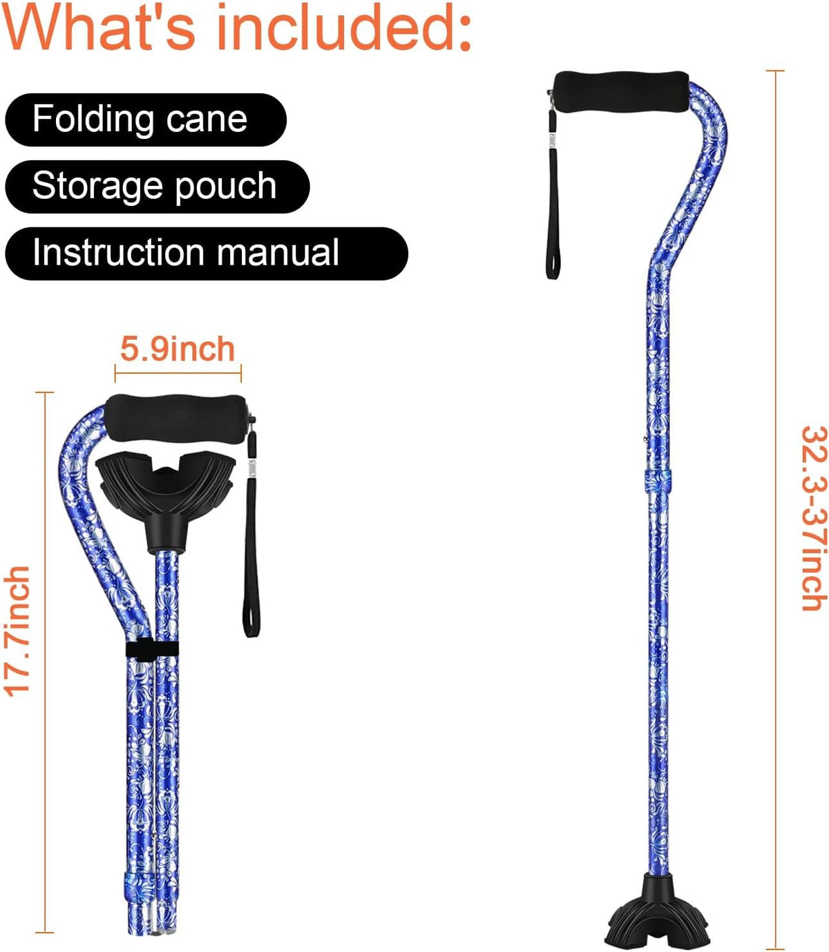 Floral Canes for Women Folding Cane for Stability with Non-Slip Base, Adjustable Walking Cane for Seniors - Lightweight Collapsible Walking Sticks with T & Offset Handle