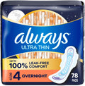 Always Ultra Thin Overnight Pads with Wings, Size 4, Overnight, 78 Count (3 Packs of 26)