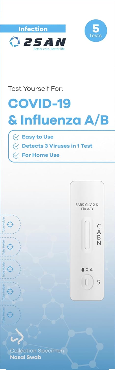 2San COVID-19 and Flu A/B Rapid Test Kit, 15-Minute Results, Easy At-Home Antigen Self-Test for Quick and Accurate Detection of COVID and Influenza, 5 Pack