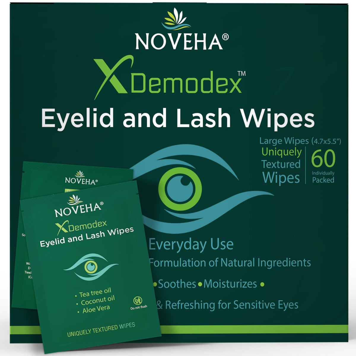NOVEHA Demodex Eyelid & Lash Wipes | Box Of 60 Individually Wrapped Extra Strength Cleansing Eyelash Wipes - Battle Itchy & Irritated Eyes associated with Demodex Mites, Naturally Remove debris