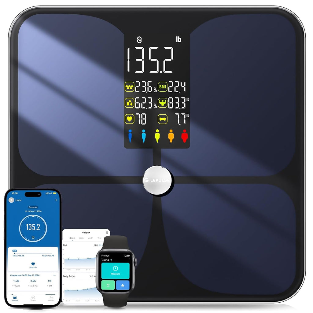 Lepulse Scale for Body Weight, Smart Digital Bathroom Weight Scale with Bmi | Body Fat Muscle Mass,20 Body Composition Metrics, 4.68"Large Display, Heart Rate, Accurate Bluetooth Weighing Scale with App