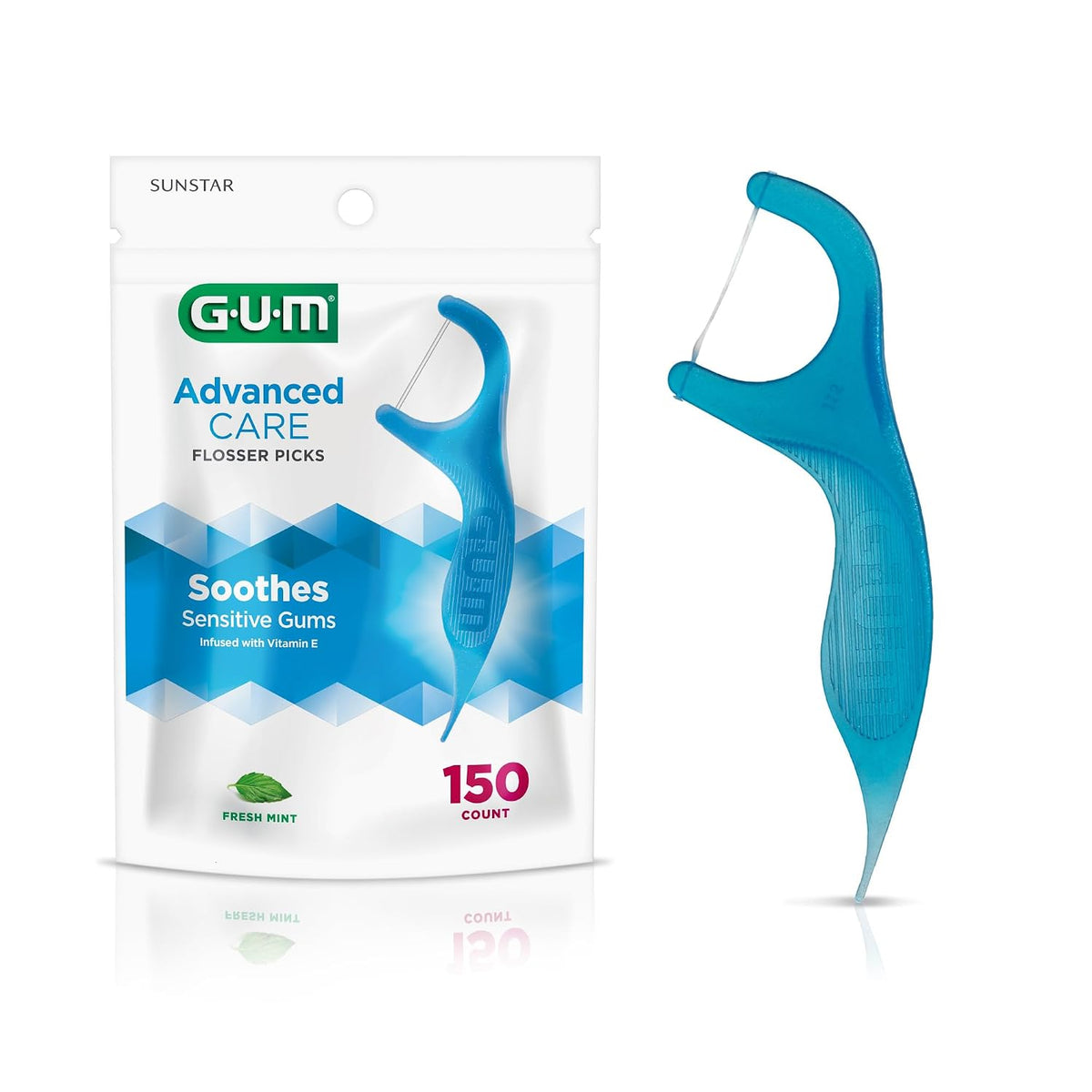 GUM Advanced Care Dental Floss Picks, Fresh Mint Flavor 150 Count | Vitamin E and fluoride coating, Strong, Shred-resistant floss, Control grip handle, Fine-tip dental pick, Travel-ready