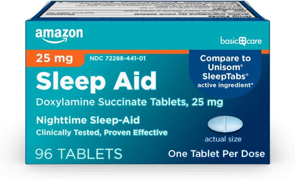 Amazon Basic Care Nighttime Sleep Aid Tablets for Adults, Doxylamine Succinate 25 mg, 96 Count