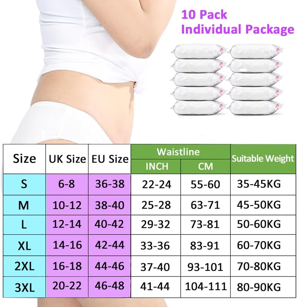 Disposable Underwear for Women 100% Cotton Briefs for Maternity Travel Menstruation Travel SPA Massage - Pack of 10, Individually Wrapped