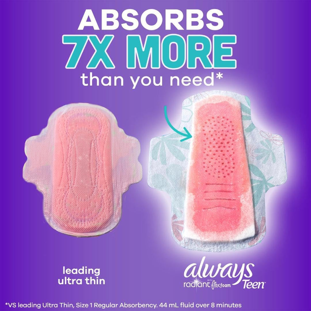 Always Radiant Teen Pads, Size 4, Overnight, with Wings, Unscented, 18 CT