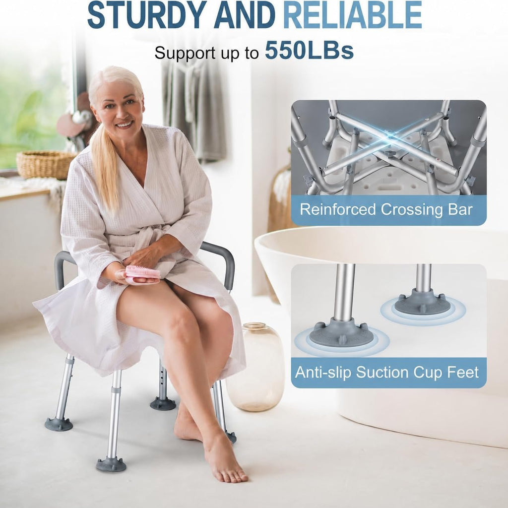 550lb Adjustable Shower Chair with Arms, Back and Suction Cup Feet | 6 height settings from13.4–18.1in, reinforced crossbars and tool-free assembly for easier setup and daily bathing.