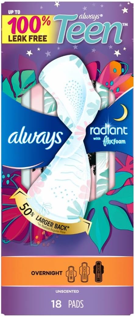 Always Radiant Teen Pads, Size 4, Overnight, with Wings, Unscented, 18 CT