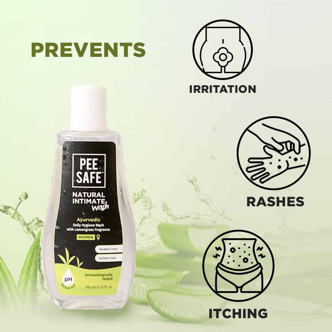 Pee Safe Intimate Wash For Women 105ml Natural Ayurvedic with Lemongrass Fragrance and 100% Alcohol-Free | pH Balanced | Paraben-Free | Sulfate-Free