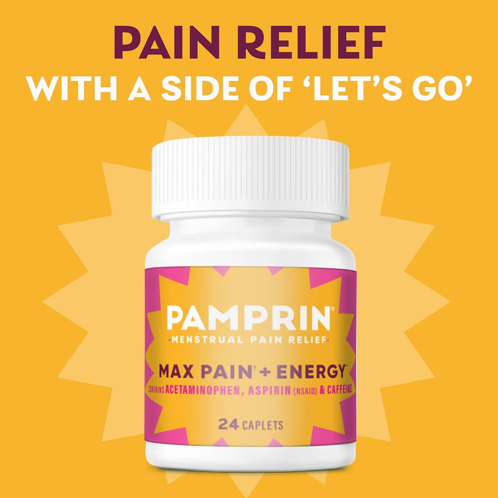 Pamprin Maximum Strength Max Pain and Energy Formula, Menstrual Period Symptoms Relief for Cramps, Bloating and Fatigue, 24 Caplets