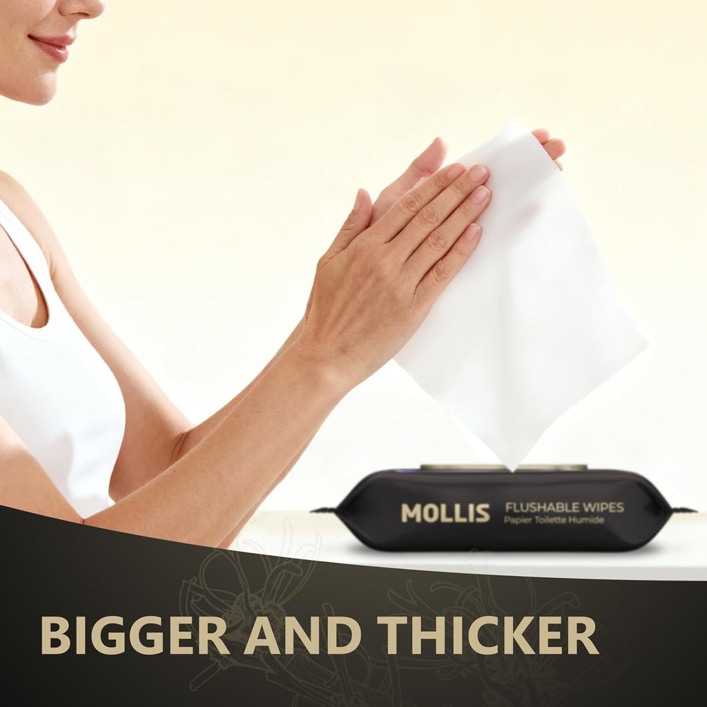 MOLLIS Disposable Period Underwear for Women, Postpartum Panties, & MOLLIS Flushable Wipes for Adults, Extra Large Unscented Wet Wipes with Witch Hazel & Vitamin E