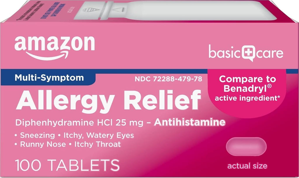 Amazon Basic Care Allergy Relief Diphenhydramine HCl 25 mg, Antihistamine Tablets for Symptoms Due to Hay Fever and Upper Respiratory Allergies, Mini-Tabs, 100 Count