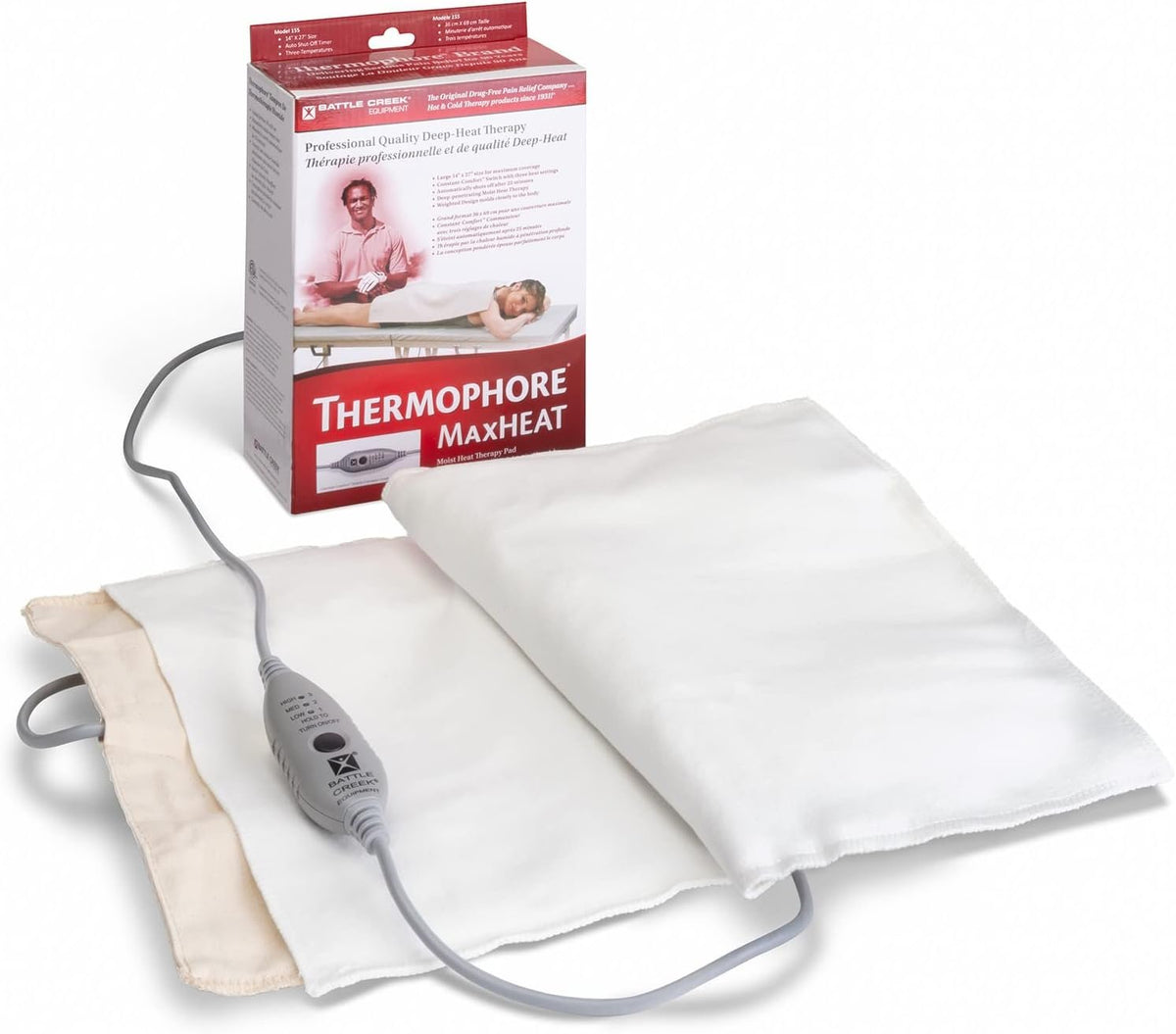 Thermophore MaxHEAT Automatic Moist Heating Pack Model 155 – Large 14" x 27" XL Heating Pad, Deep Heat Therapy for Muscle, Back & Joint Pain Relief, Electric, Heavy Weighted Fleece Design