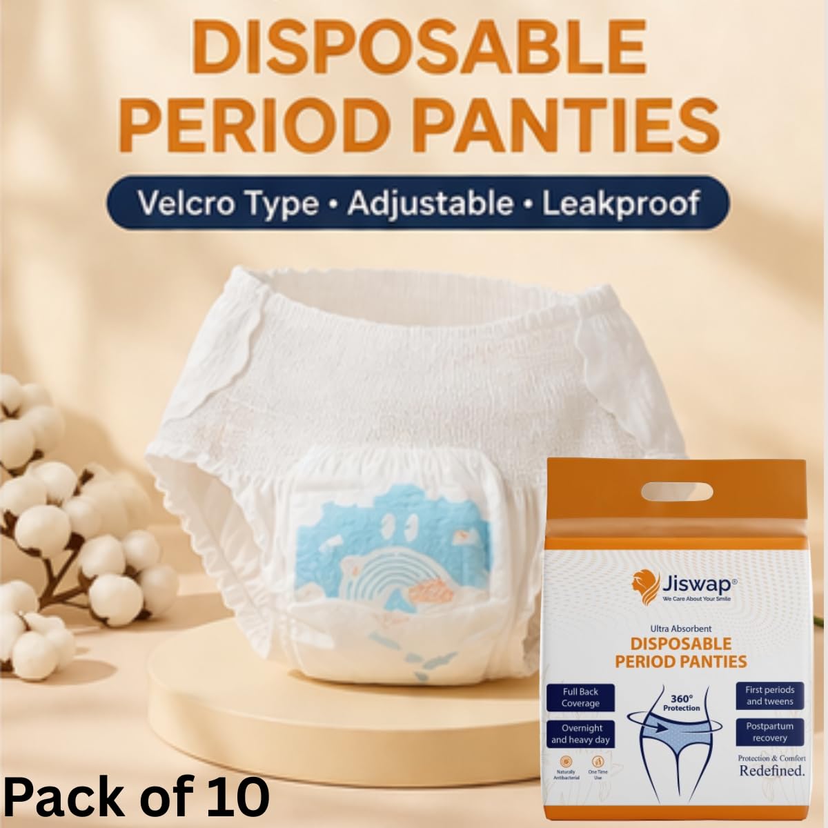 Disposable Period Panties for Women | Velcro Adjustable Leakproof Panty Pads | 360° Protection | Ultra Absorbent Sanitary Underwear for Heavy Flow, Overnight & Postpartum Use (pack of 10)