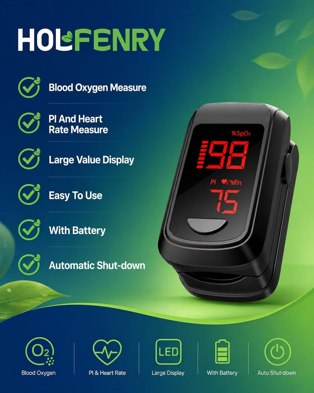 HOLFENRY Pulse Oximeter Fingertip - Large Display Oxygen Monitor Fingertip with Fast 5-8s Reading for SpO2/Heart Rate/PI, Accurate Pulse Ox for Home/Sports/Travel, Batteries & Lanyard Included