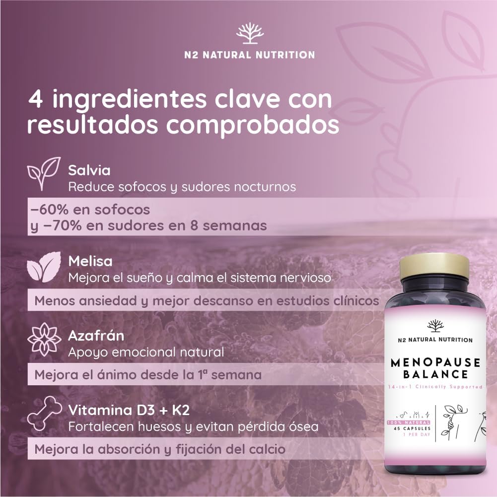 Menopause, Balance Female Estrogens and Progesterone. 14-in-1 Formula with Clinical Back. 45 Capsules with Omega 3, Biotin, Vitamin D3 and K2. N2 Natural Nutrition
